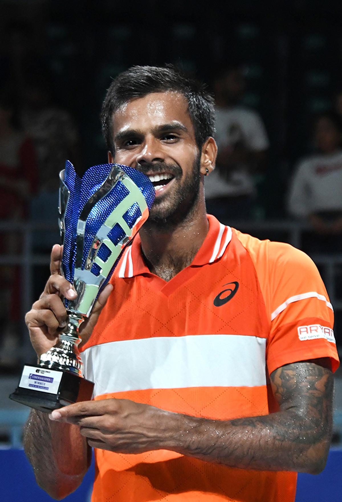 Sumit Nagal celebrates after winning the Chennai Open ATP Challenger tennis.